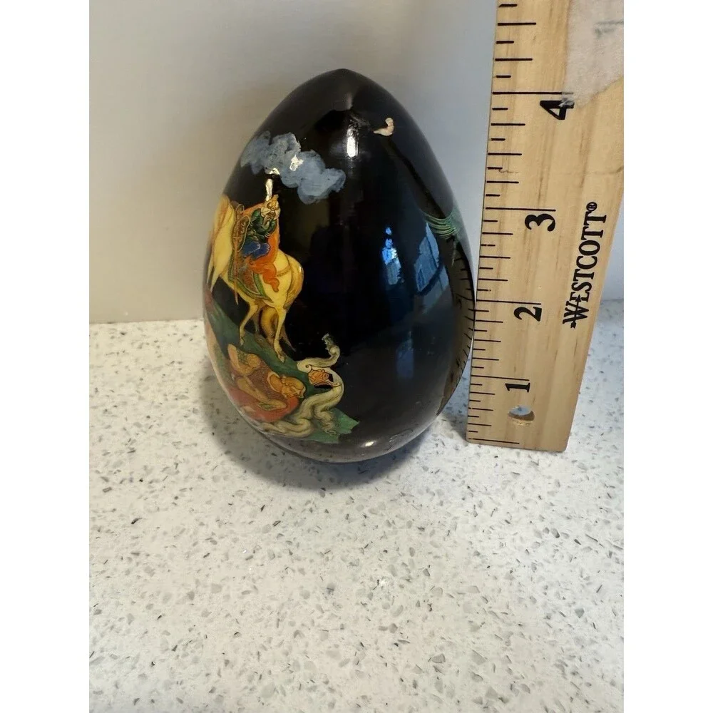 Vintage Russian Hand painted Lacquer Wooden Egg Fairytale Scene Signed 4